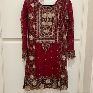 Red & Gold Pakistani Outfit 3 Piece - shirt, gharara pants, scarf